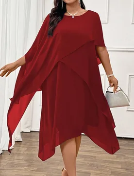 Vestido camisa de mujer de tela de gasa versátil, cómoda y de moda, con cuello redondo, manga corta, diseño de múltiples capas de longitud media, - Shein - FashionsVida