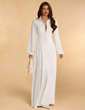 Vestido Camisa Blanco Roto con Cintura Fruncida Otoño, Elegante Solapa Abotonadura Única Manga Larga Línea A para Desplazamiento Cena Oficina Bar F - Shein - FashionsVida