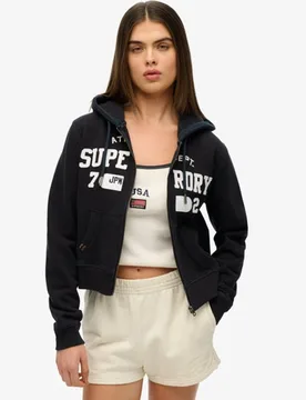 Superdry Damen Baumwolle Logo Druck Verkürzte Athletic Essentials Relaxed Kapuzenjacke, Marineblau & Weiß, Größe: 42 - 79.99 - FashionsVida