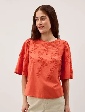 Pure Cotton Floral Embroidered Top Orange female - Monsoon - FashionsVida