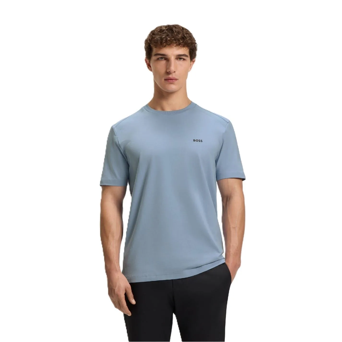 Mens Ribbed Collar Crew Neck Short Sleeve Polo Shirt In Open Blue - Size Small - BOSS - FashionsVida