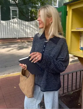 Suéter de punto a rayas azul marino con cuello polo, estilo geek, estilo académico de biblioteca, atuendo de otoño, pulóver de otoño L - Shein - FashionsVida