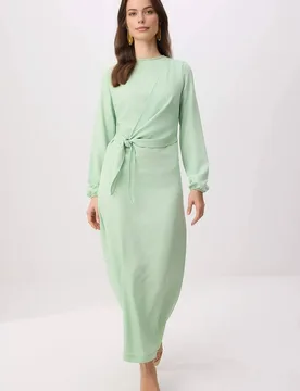 Women's Linen Look Long Sleeve Maxi Dress with Waist Tie Detail in Mint Size: 8 - Mint - Size: 8 - HOXTON GAL - FashionsVida