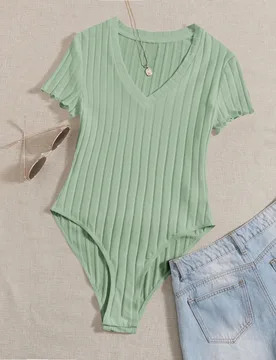 Body De Verano Sólido Con Cuello En V Y Tejido Acanalado L - Shein - FashionsVida