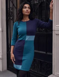 Colour Block Knitted Jumper Dress Blue female