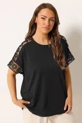 Women's Crochet Sleeve Boxy T-Shirt in Black Size: 20 - Black - Size: 20