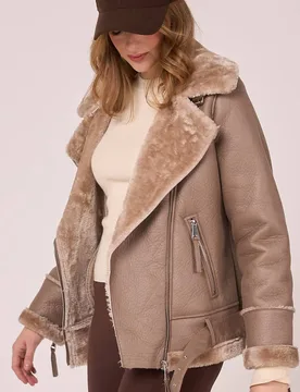 Women's Faux Shearling Belted Aviator in Beige Size: 14 - Beige - Size: 14 - Barneys Originals - FashionsVida