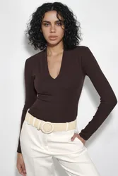 Womens Slim Fit V-Neck Long Sleeve Blouse - Brown - Size Large