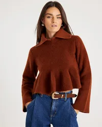 Womens Jumper Orange Knit Collared Peplum Sweater - Rust - Size Large
