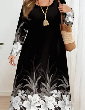 Vestido de cuello redondo de manga larga con estampado floral vintage, talla grande, versátil y adecuado para primavera y otoño 2XL - Shein - FashionsVida