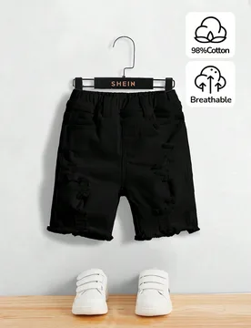 Pantalones cortos vaqueros negros skinny con roturas y deshilachados para niño, para primavera y verano 5Y - Shein - FashionsVida