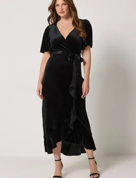 Women's Velvet Ruffle Wrap Dress in Black Size: 10 - Black - Size: 10 - M&Co - FashionsVida