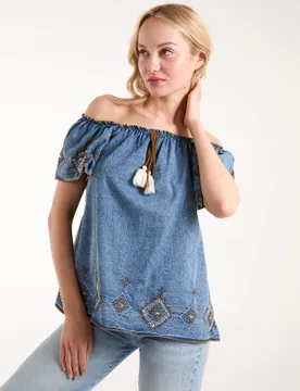 Denim Embroidered Bardot Top - M / Light Denim - female - Blue Vanilla - FashionsVida