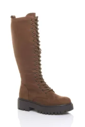 Women's Chunky Heel Platform Lace Up Zip Calf Biker Military Boots in Tan Size: 8 - Tan - Size: 8