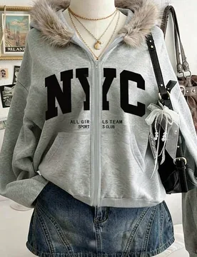 Sudadera de mujer para exteriores, chaqueta de otoño, gris, diseño gráfico, estampado de letras, sudadera de forro polar, de moda, estilo elegante, - Shein - FashionsVida