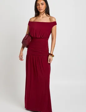 Womens Bardot Ruched Bodice Maxi Dress - Berry - Size 12 Uk - Boohoo - FashionsVida
