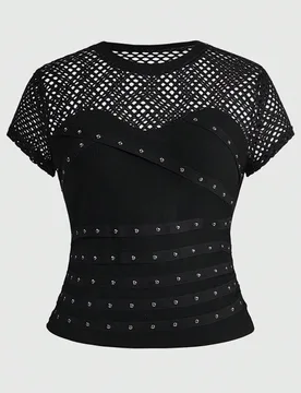 Blusa negra sexy con agujeros, remaches, pedrería y malla para mujer de talla grande, estilo punk, música de festival y rock 1XL - Shein - FashionsVida
