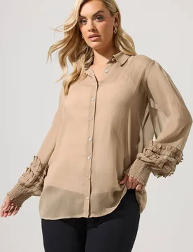 Women's Shirred Cuff Shirt in Natural Size: 10 - Natural - Size: 10 - Yours - FashionsVida