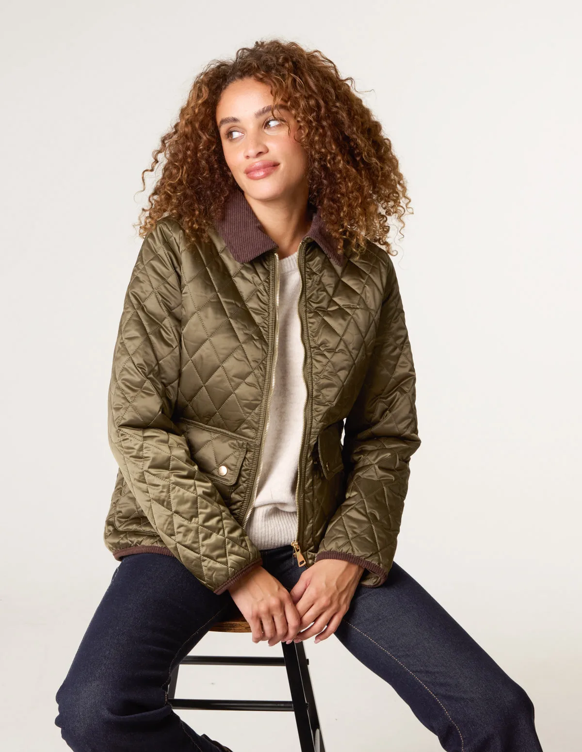 Diamond Quilted Cord Collar Coat - M / KHAKI - female - Blue Vanilla - FashionsVida