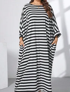 Vestido ultra holgado de talla grande para mujer, vestido largo, vestido informal a rayas para mujer, falda con 2 bolsillos, conjuntos de verano para - Shein - FashionsVida