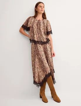 Printed Lace Hanky Hem Midi A-Line Skirt Brown Mix female - Monsoon - FashionsVida