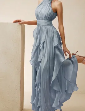 Vestido largo elegante sin mangas con cuello halter para mujer, vestido azul con pliegues en la cintura, efecto estilizante y dobladillo ondulado bril - Shein - FashionsVida
