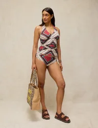 Printed Halterneck Tankini Top White Mix female