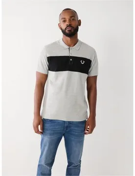 Mens Heather Grey Black Colour Block Logo Polo Shirt - Male - Grey - Small - True religion - FashionsVida