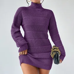 Vestido de suéter de cuello alto acanalado informal para mujer, otoño/invierno M