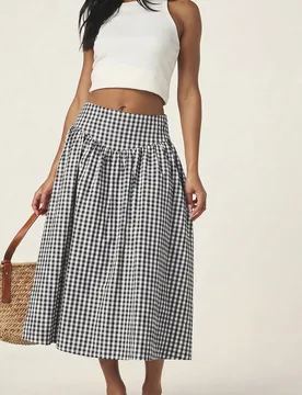 Falda midi a cuadros de cintura alta, línea A, acampanada, fruncida, casual de verano para picnic, falda swing XL - Shein - FashionsVida