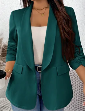 Chaqueta de traje con cuello de chal, manga fruncida y unicolor, adecuada para el trabajo en otoño/invierno, talla grande 3XL - Shein - FashionsVida