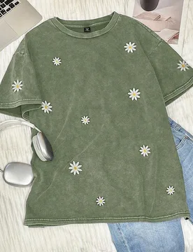 Camiseta casual de verano para mujer talla grande con bordado de flores 1XL - Shein - FashionsVida