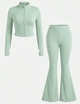 Conjunto de chaqueta de punto de unicolor y pantalones largos acampanados para niña preadolescente NovaGlow, estilo deportivo casual para uso diario - Shein - FashionsVida
