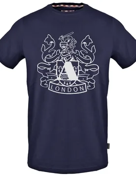 Mens Large Shield Aldis Logo Navy Blue T-Shirt Cotton - Size X-Large - Aquascutum - FashionsVida