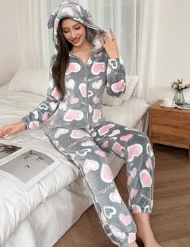 Pieza Mono con capucha de felpa con diseño de corazón para mujer, acogedor para otoño e invierno M - Shein - FashionsVida