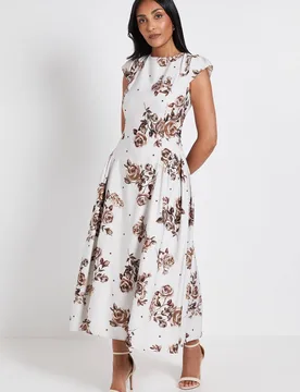 Women's Petite Printed Ottoman Twill Cap Sleeve Midi Dress in Chocolate Size: 20 - Chocolate - Size: 20 - Wallis - FashionsVida
