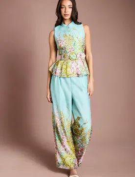 Women's Placement Print Wide Leg Trouser in Duck Egg Blue Size: 8 - Duck Egg Blue - Size: 8 - Coast - FashionsVida