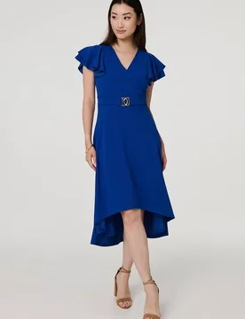 Women's Belt Detail Frilled Sleeve Midi Dress in Blue Size: 10 - Blue - Size: 10 - Izabel London - FashionsVida