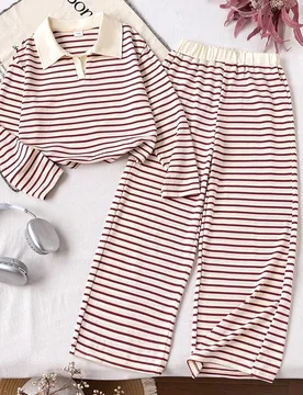 Conjunto de top polo de manga larga a rayas y pantalones largos a rayas para niñas, adecuado para usar en otoño/invierno, casual y versátil, cómod - Shein - FashionsVida