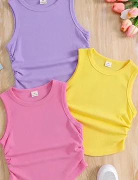 Set de 3 piezas de top corto ajustado de punto de unicolor con cuello alto para niña joven - Shein - FashionsVida