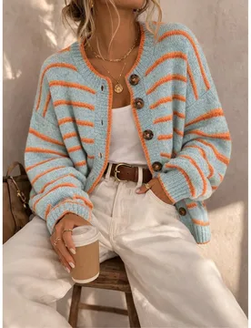 Cardigan de punto para mujer con cuello redondo, abotonado simple, rayas de contraste, mangas farol, holgado, casual, versátil para otoño/invierno, - Shein - FashionsVida