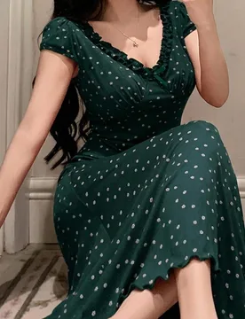 Vestido largo de mujer con cintura ceñida y ribete de volantes con estampado floral pequeño, camisón de verano, pijama S - Shein - FashionsVida