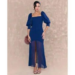 Vestido midi con doble falda y mangas abullonadas