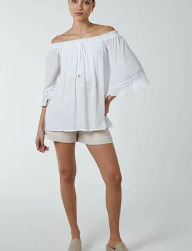 Women's Off Shoulder Tie Front Top in Ivory Size: Small - Ivory - Size: S - Blue Vanilla - FashionsVida