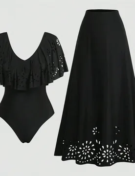 Conjunto de traje de baño de una pieza con volantes y falda de unicolor para mujer de talla grande, adecuado para vacaciones en la playa, fiestas en - Shein - FashionsVida
