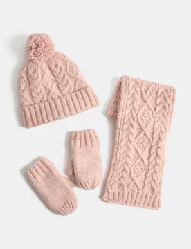 Pack Sparkly Cable Hat Scarf & Glove Set Pink Female - M&S - FashionsVida