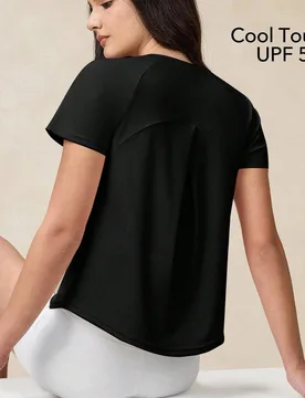 Camiseta negra de mujer para exteriores, de unicolor, para gimnasio, yoga, entrenamiento, con protección UV, tacto fresco y pliegue cruzado de manga - Shein - FashionsVida