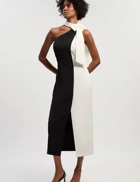 Womens Soft Tailored Colour Block Bow Midi Dress - Monochrome Multi - Size 12 Uk - Karen millen - FashionsVida