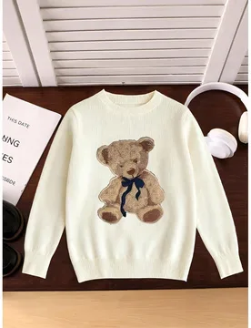 Pieza Suéter de cuello redondo de manga larga con estampado de oso y lazo, estilo campus lindo para niñas jóvenes. Adecuado para actividades escola - Shein - FashionsVida
