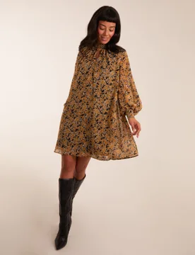 Keyhole Long Sleeve Swing Dress - S / MUSTARD - female - Blue Vanilla - FashionsVida